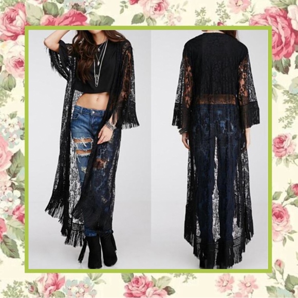 Unique Styles robe Other - 🍒BLACK ROBE FRINGE LACE MAXI CARDIGAN DUSTER LONG
